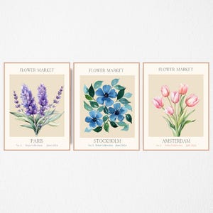 Set of 3 Flower Market Prints, Exhibition Posters, Botanical Prints, Flower Print Set, Gallery Wall Art, Floral Boho Wall Art Poster Prints