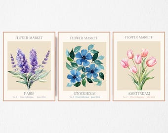 Set of 3 Flower Market Prints, Exhibition Posters, Botanical Prints, Flower Print Set, Gallery Wall Art, Floral Boho Wall Art Poster Prints