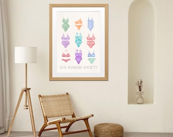 Sun Soakers Society – Retro Bikini Digital Print for Beach Lovers- Digital Art- Beach Art- Bikini Art Print- Sunshine, Beach, Bathing Suit