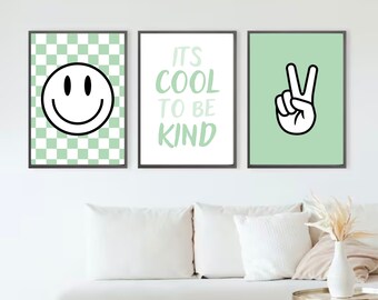 It's Cool To Be Kind Smiley Peace Gallery Set, Downloadable Print, Kids Room, green sage Play Room Decor, Quote Kids Wall Art, Printable