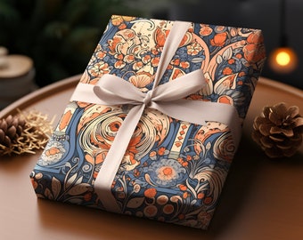 Papier cadeau floral fantaisie, papier cadeau vibrant | Papier cadeau bleu et orange Papier cadeau haut de gamme esthétique Saint-Valentin pour pendaison de crémaillère