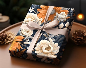 Orange Floral Gift Wrapping Paper Christmas Birthday | Elegant Flower Gift Paper Wedding Housewarming White Aesthetic Premium Gift Paper