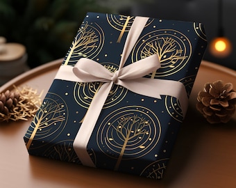 Blue Circle Trees Gift Wrapping Paper Christmas Birthday | Elegant Simple Gift Paper Wedding Housewarming Gold Aesthetic Premium Gift Paper