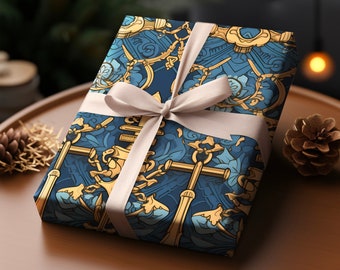 Blue & Gold Anchors Gift Wrapping Paper Vibrant Gift Wrap | Boat Lover Gift Paper Luxury Aesthetic Premium Gift Paper For Him