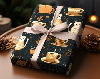 Coffee Cat Gift Wrapping Paper Vibrant Gift Wrap | Valentines Gift Paper Cute Aesthetic Premium Gift Paper For Her