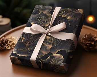 Emballage cadeau noir et or pétales foncé Emballage cadeau éclatant unique | Papier cadeau noir Papier cadeau esthétique premium doré Lui Elle