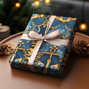 Papier cadeau bleu et or ancres, papier cadeau vibrant Papier cadeau pour les amateurs de bateaux Papier cadeau haut de gamme, esthétique et luxueux pour lui image 1