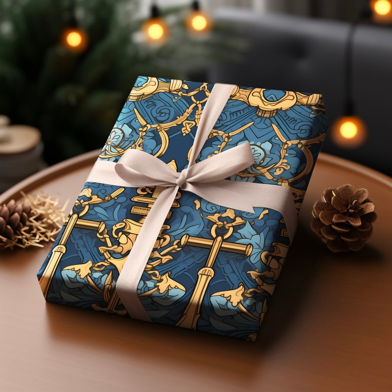 Papier cadeau bleu et or ancres, papier cadeau vibrant Papier cadeau pour les amateurs de bateaux Papier cadeau haut de gamme, esthétique et luxueux pour lui image 1