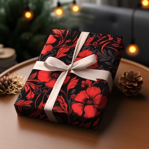 Black & Red Flower Gift Wrapping Paper Dark Unique Vibrant Gift Wrap | Black Gift Paper Gothic Aesthetic Premium Gift Paper Him Her