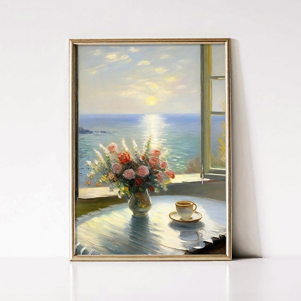 Open Window Oil Painting, Sunlight Through Window, Flower Vase On Table, Sunrise Ocean View From Window, Cup Of Tea On Table, The Moon Venus