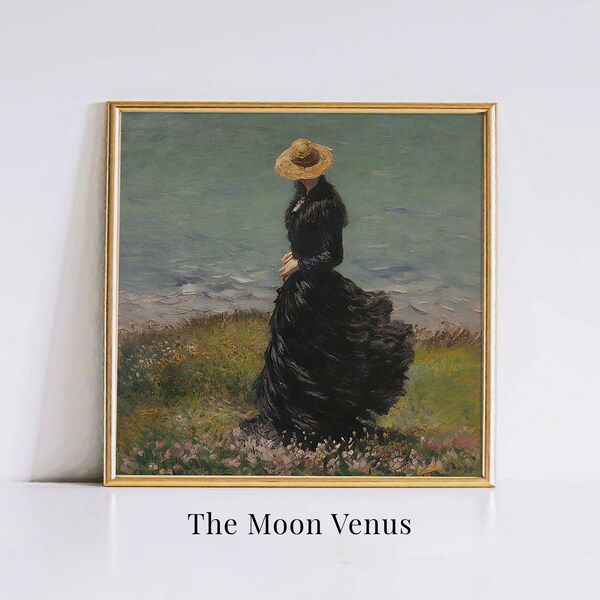 Walking Woman Oil Painting, Woman In Black Dress, Seaside Girl Oil Painting, Vintage Still Woman Painting, Girl Oil Painting, The Moon Venus