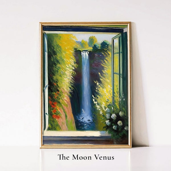 Waterfall Through Window Oil Painting, Waterfall Oil Painting, Forest Nature Waterfall, Window View, Vintage Oil Painting, The Moon Venus