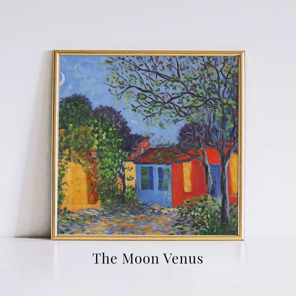 Moody Colorful House Print, Cottage House Wall Art, Night Wall Art, Vintage House Painting, Trees Painting, Living Room Art , The Moon Venus