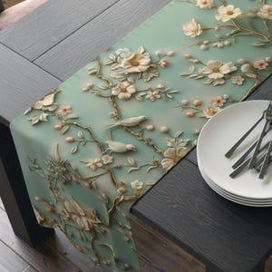 Elegant Chinoiserie Table Runner: Pastel Blue-Green Birds & Blossoms, 3D Floral Dining Decor