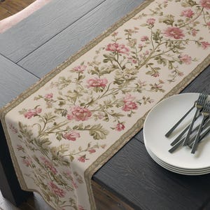 Floral Vintage Style Table Runner: Blush Rose & Sage Green, French Country Decor