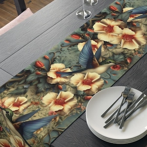Vintage-Inspired Hummingbird Floral Table Runner: William Morris Tapestry Design for Elegant Garden Decor