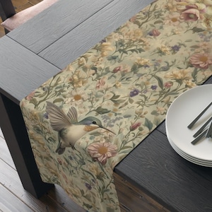 William Morris Inspired Botanical Table Runner: Vintage Style Floral Hummingbird Garden Dining Decor