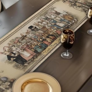 Bunny Family Portrait Easter Table Runner: Illustrated 1920s Vintage Style Spring Decor