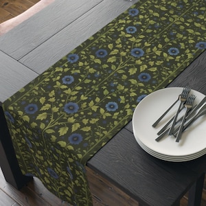Elegant William Morris Arts and Crafts Floral Table Runner: Blue & Olive on Charcoal