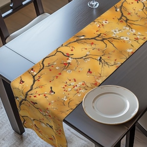 Chinoiserie Table Runner: Gold, Red Blossoms & Birds - Asian Decor