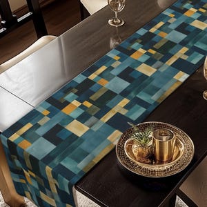Geometric Abstract Table Runner: Blue and Earth Tones, Modern Rustic Decor, Hand-painted Effect