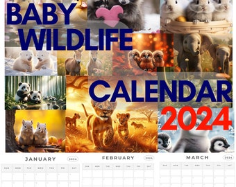 2024 Calendar Baby Wildlife Printable Wall Calendar Digital Download Adorable Baby Animal Images Home and Professional Print Options