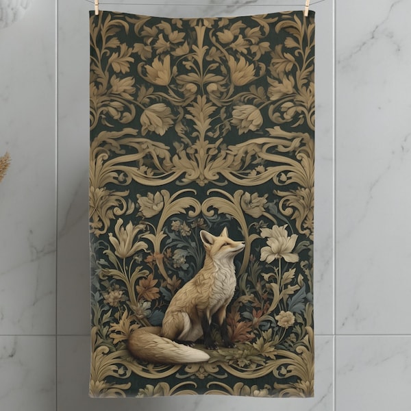 William Morris Fox Hand Towel: Dark Woodland Botanical Arts & Crafts Decor