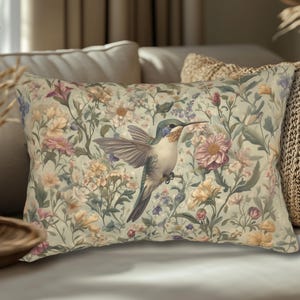 William Morris Inspired Hummingbird Tapestry Lumbar Pillow - Botanical Arts & Crafts Floral Cushion