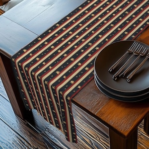 May include: A patriotic table runner with a repeating pattern of red and navy blue stripes, interspersed with cream-colored stripes and gold stars. The runner is placed on a wooden table, with black plates and silverware.