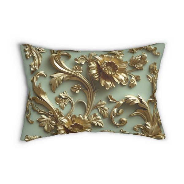 French Rococo Golden Floral Lumbar Pillow | Sage Green Elegance | Ornate Decorative Design