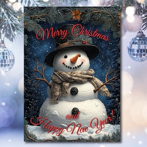 愛らしい雪だるまの DIY クリスマス カード - ホリデー グリーティング用の印刷可能なデジタル ダウンロード