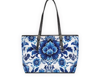 Sac fourre-tout à bandoulière Flora bleu et blanc, grand sac en porcelaine motif designer, beau cabas surdimensionné à bandoulière, cadeau pour elle