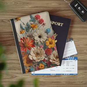 Étui pour passeport, style vintage, fleurs sauvages d'automne aux couleurs vives, design bohème, blocage RFID pour garder les cartes en sécurité, portefeuille passeport, cadeau pour voyageur