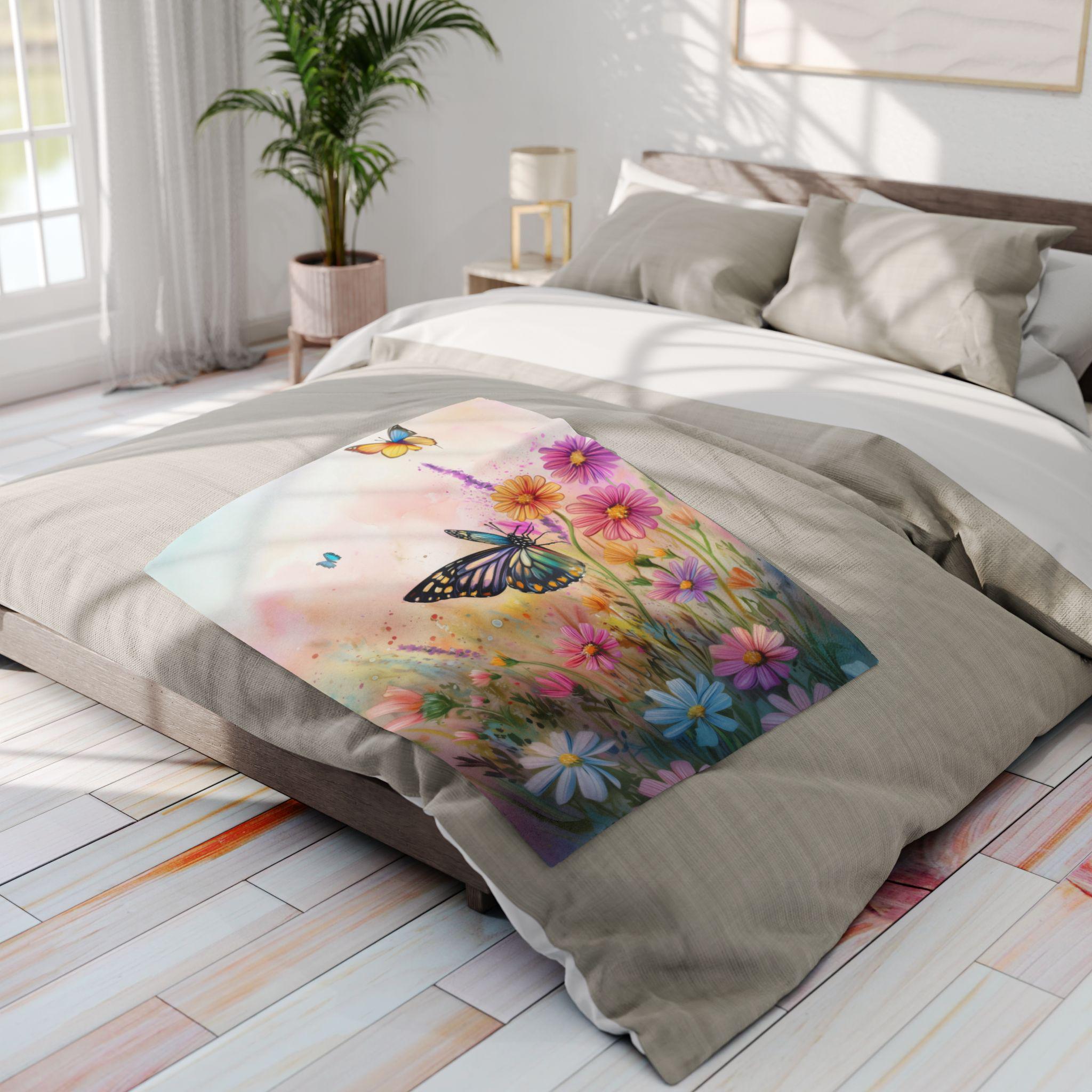 Butterfly Throw Blanket Pastel Wildflowers Spring Nature Art Cozy Couch or Bed Accent