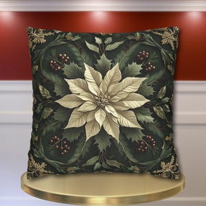Festive Poinsettia Square Pillow Cover: Elegant Christmas Home Decor for Winter Comfort