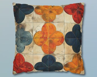 Fodera per cuscino con piastrelle a mosaico marocchino, design rustico a forma di trifoglio, motivi Zellige colorati, decorazione globale