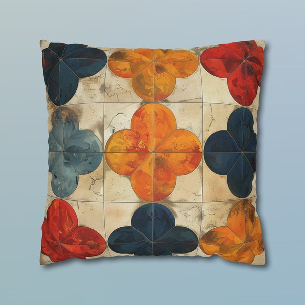 Moroccan Mosaic Tilework Pillow Cover Rustic Clover-Shaped Tile Design Colorful Zellige Patterns Global Decor Accent Cushion Cover