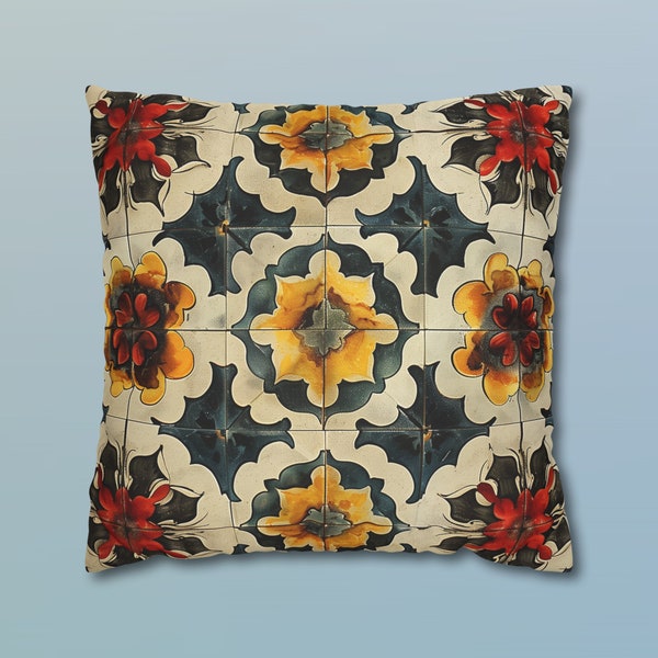 Mediterranean Pillow Cover, Vintage Tile-Inspired Floral Symmetrical Pattern Earthy Mustard Yellow and Red Tones Cushion Cover