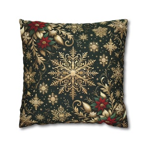 Housse de coussin décoratif pour les fêtes de Noël poinsettia : flocons de neige dorés et émeraude élégance