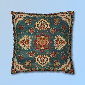 Turkish Rug-Inspired Throw Pillow Cover: Deep Teal & Warm Red Medallion Pattern Square Cushion