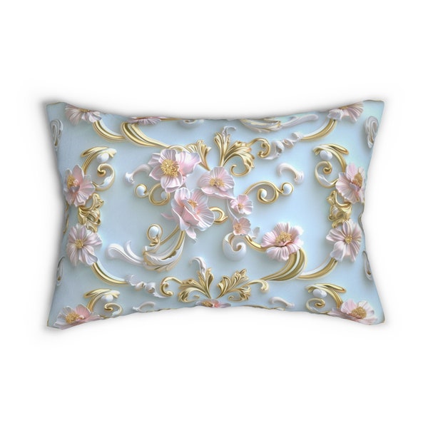 Rococo Inspired Coquette Lumbar Pillow Soft Pink Flowers with Pale Gold Accents on Light Pastel Blue Perfect for your Coquette Aesthetic