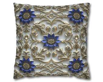 Baroque Cobalt Blue & Gold Pillow Cover | Symmetrical Floral Embossed Design | Opulent Home Decor