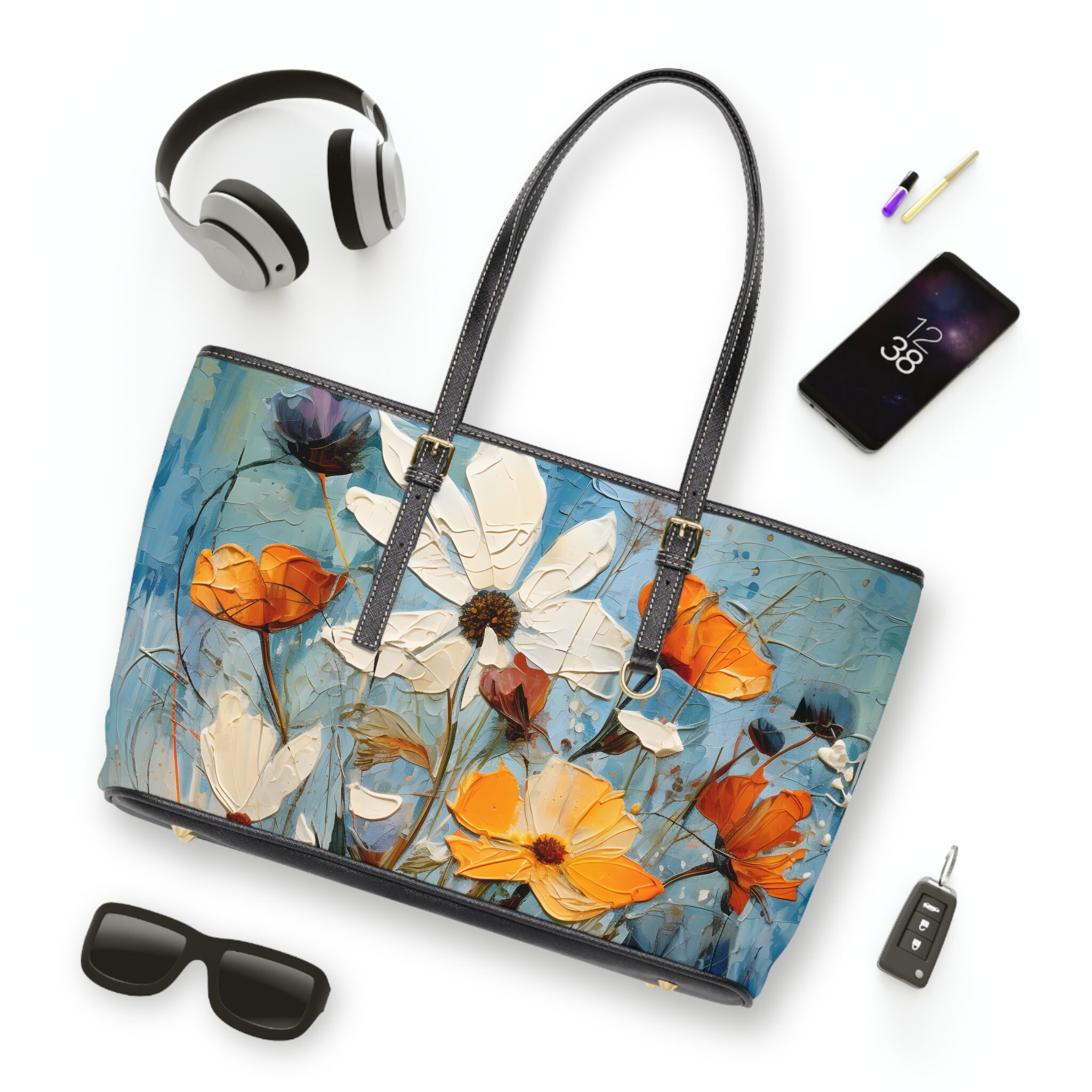 Vintage Style Oversized Shoulder Bag Blue Wildflower Design