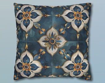 Federa per cuscino con piastrelle marocchine oceaniche, design floreale mandala esotico, federa per cuscino con stile culturale blu intenso e marrone chiaro