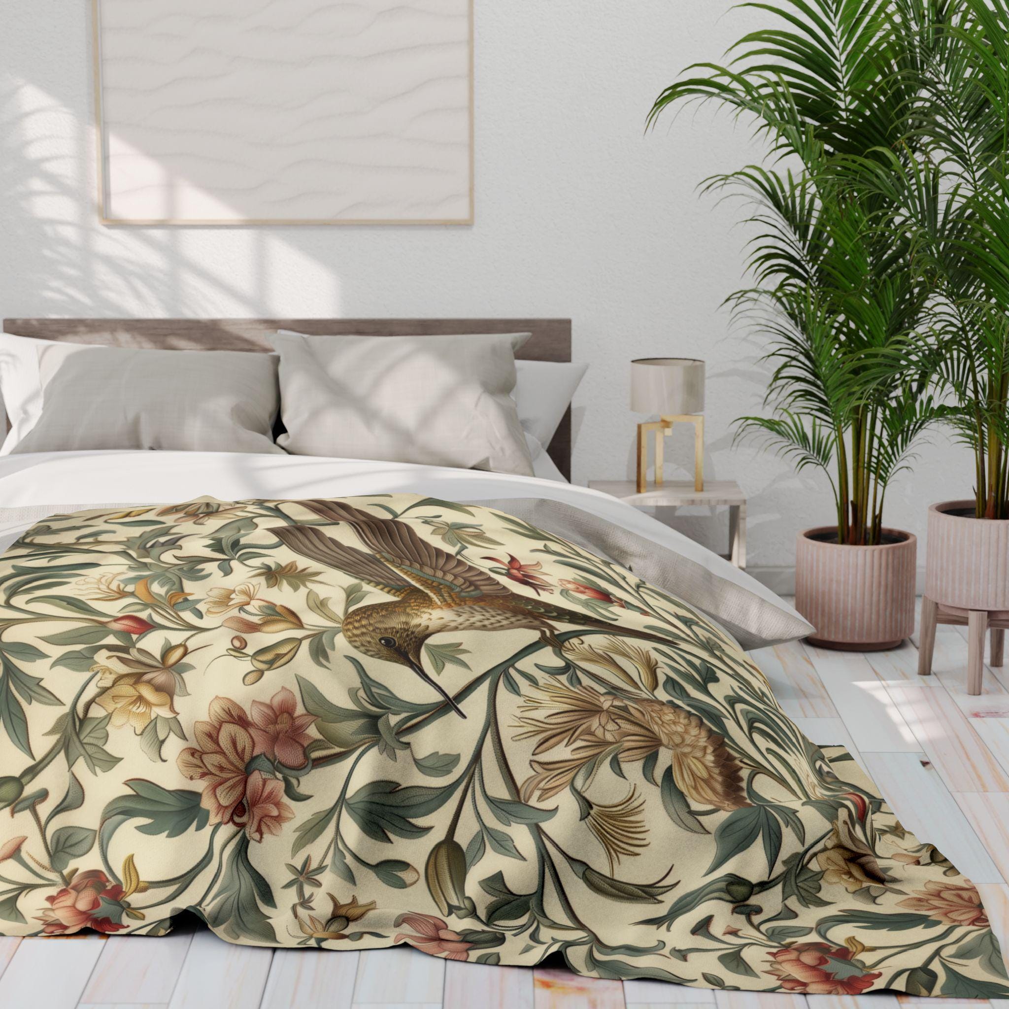 William Morris Hummingbird Throw Blanket: Vintage Style Floral Cottage Decor