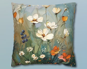 Vintage Inspired Wildflower Meadow Pillow Cover Digital Oil Painting Style Cushion Cover Countryside Charm Throw Pillow Case