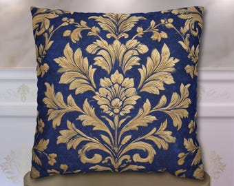 Opulent Baroque Damask Pillow Cover: Royal Blue & Gold Vintage Cushion for Maximalist Home Decor