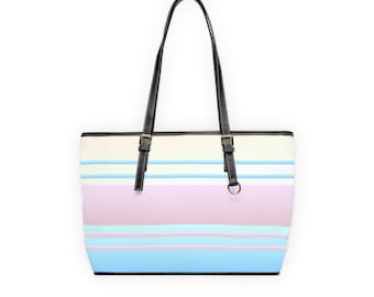 Large Shoulder Tote Bag | Pastel Stripe Design in Pink, Blue, Cream | Black Handles | Summer Elegant Minimalist Style Gift for Her