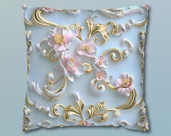 Rococo Coquette Pillow Cover: Pink Flowers, Gold Accents