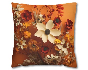 Coussin orange citrouille sur le thème fleurs sauvages de l'automne Disponible uniquement en housse de coussin décoratif ou en coussin complet avec housse